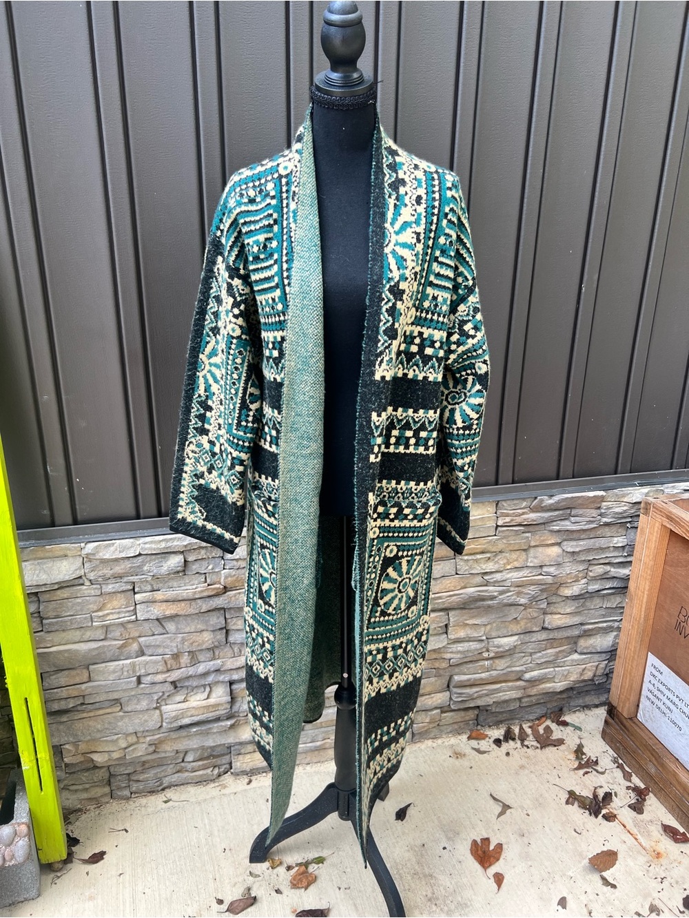 VERTIGO Boho Long Open Front Green Patterned Knit Sweater Coat Sz S